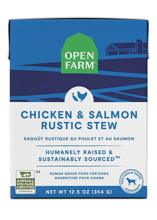 Open Farm nourriture humide pour chiens Ragoût rustique Poulet et Saumon 354g