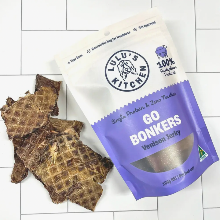 Lulu's Kitchen gâterie de jerky de cerf Go Bonkers 100g