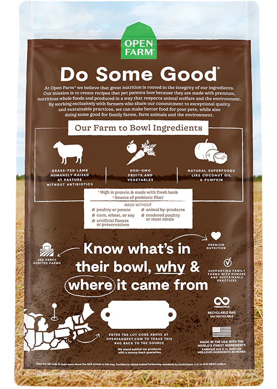 Open Farm nourriture sèche pour chiens Agneau sans grains            ** NOURRITURE SÈCHE NON VENDUE EN LIGNE **