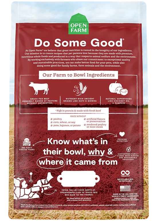 Open Farm nourriture sèche pour chiens Boeuf et grains anciens            ** NOURRITURE SÈCHE NON VENDUE EN LIGNE **