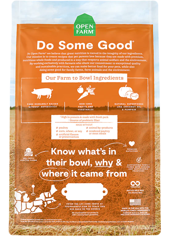 Open Farm Farmer's Table nourriture sèche pour chiens Porc sans grains            ** NOURRITURE SÈCHE NON VENDUE EN LIGNE **