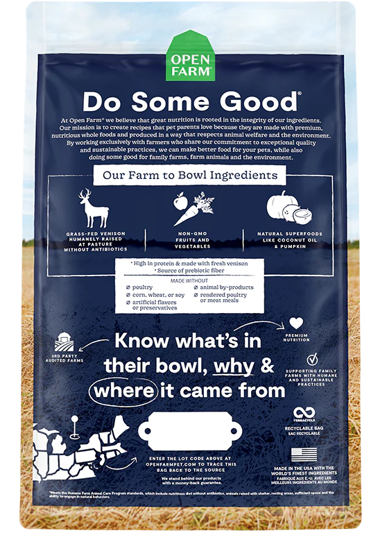 Open Farm nourriture sèche pour chiens Cerf sans grains                 ** NOURRITURE SÈCHE NON VENDUE EN LIGNE **