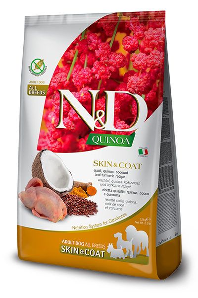 Farmina N&D Quinoa Skin & Coat nourriture sèche pour chiens Caille, noix de coco et curcuma sans grains 2.5 kg                         ** Nourriture sèche disponible seulement en boutique physique**