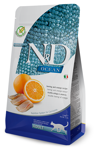 Farmina N&D Citrouille nourriture sèche pour chats Hareng et orange sans grains 1.5 kg                       ** NOURRITURE SÈCHE NON VENDUE EN LIGNE **
