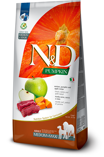 Farmina N&D Citrouille nourriture sèche pour chiens adultes medium/maxi Cerf et Pomme sans grains 12 kg                            ** NOURRITURE SÈCHE NON VENDUE EN LIGNE **