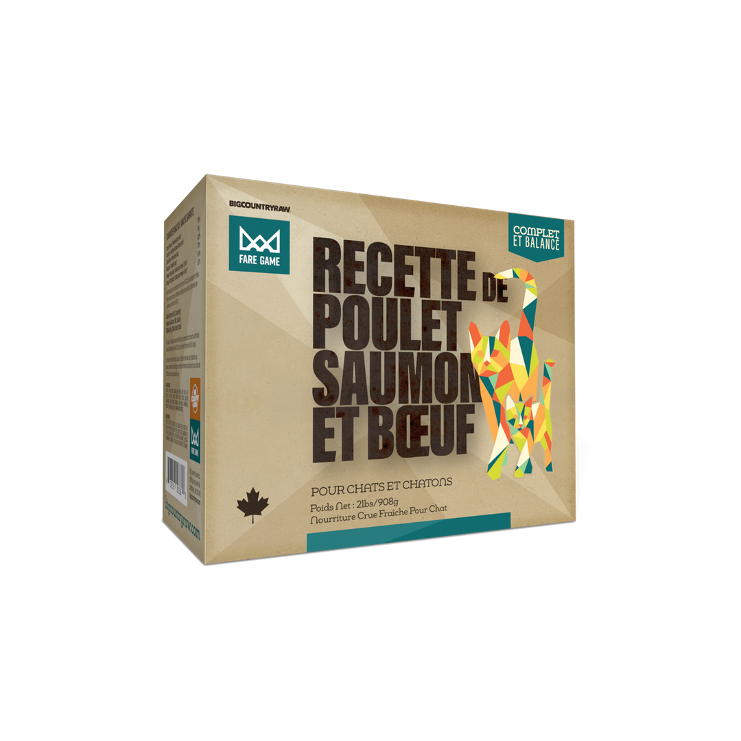 BCR Big Country Raw nourriture crue pour chats Fare Game Poulet, Saumon et Boeuf 2 lb