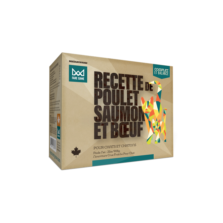 BCR Big Country Raw nourriture crue pour chats Fare Game Poulet, Saumon et Boeuf 2 lb