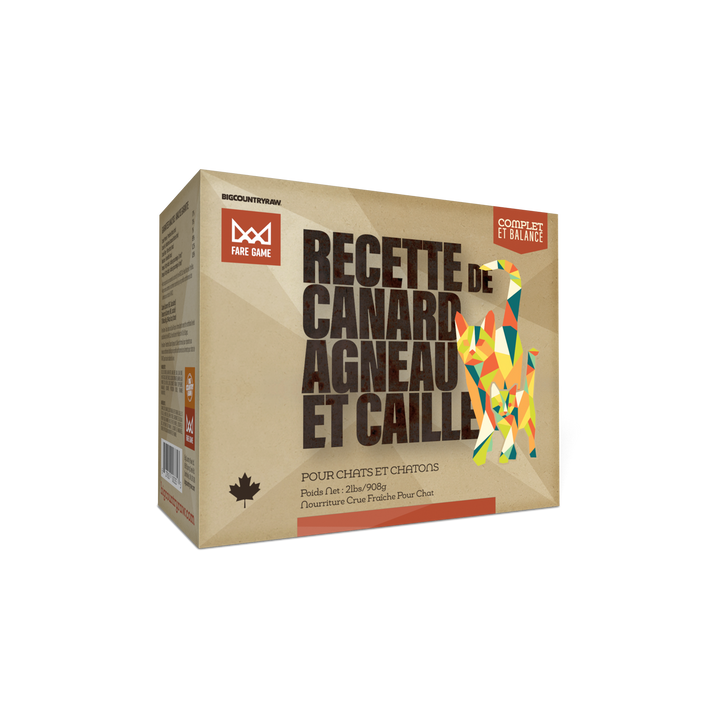 BCR Big Country Raw nourriture crue pour chats Fare Game Caille, Canard et Agneau 2 lb
