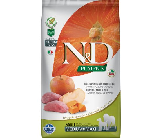 Farmina N&D Citrouille nourriture sèche pour chiens adultes medium/maxi Sanglier et Pomme sans grains                             ** NOURRITURE SÈCHE NON VENDUE EN LIGNE **