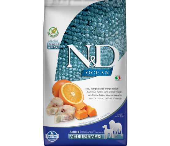 Farmina N&D Ocean nourriture sèche pour chiens adultes medium/maxi Morue et Orange sans grains