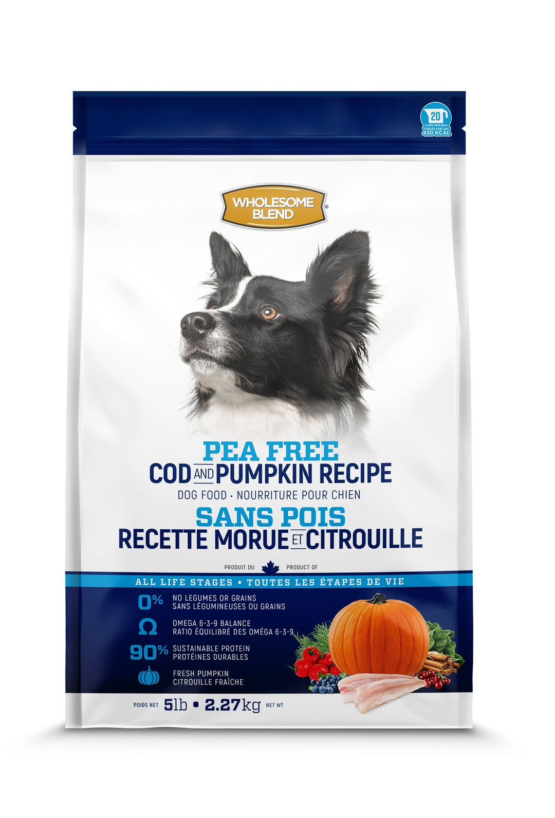 Wholesome Blend nourriture pour chiens sans pois Morue et Citrouille 2.26 kg