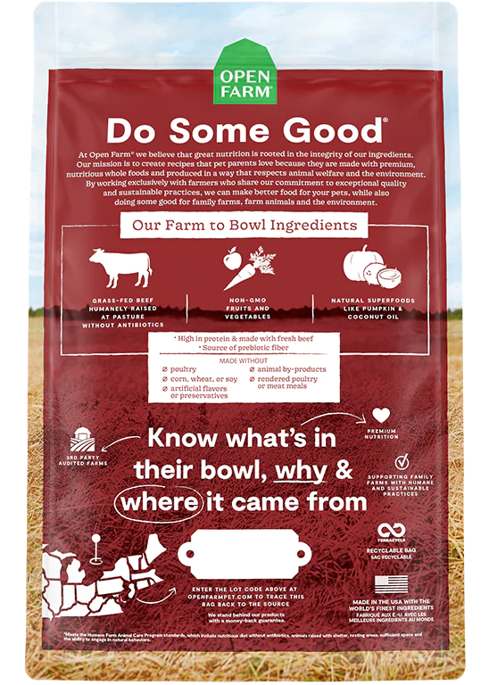 Open Farm nourriture sèche pour chiens Boeuf sans grains     *** Livraison locale seulement ***