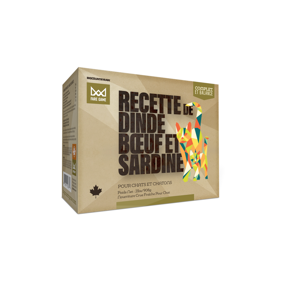BCR Big Country Raw nourriture crue pour chats Fare Game Dinde, Sardines et Boeuf 2 lb