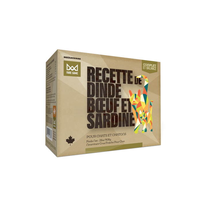 BCR Big Country Raw nourriture crue pour chats Fare Game Dinde, Sardines et Boeuf 2 lb