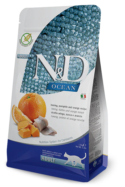 Farmina N&D Citrouille nourriture sèche pour chats Hareng et orange sans grains                       ** LIVRAISON LOCALE OU RETRAIT MAGASIN SEULEMENT **