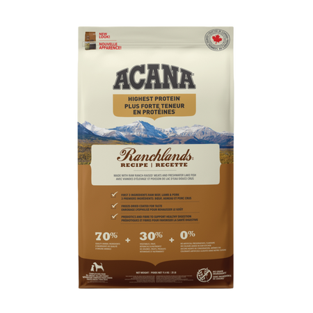 Acana Highest Protein nourriture sèche pour chiens Ranchland sans grains              ** Nourriture sèche disponible seulement en boutique physique**