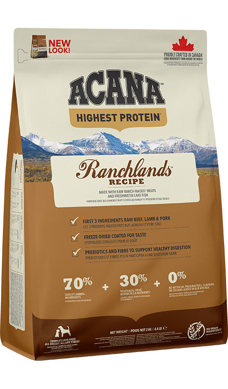Acana Highest Protein nourriture sèche pour chiens Ranchland sans grains              ** Nourriture sèche disponible seulement en boutique physique**