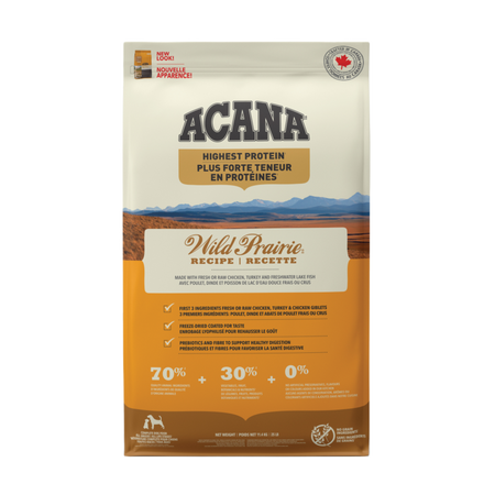 Acana Highest Protein nourriture sèche pour chiens Wild Prairie sans grains 11.4 kg              ** Nourriture sèche disponible seulement en boutique physique**