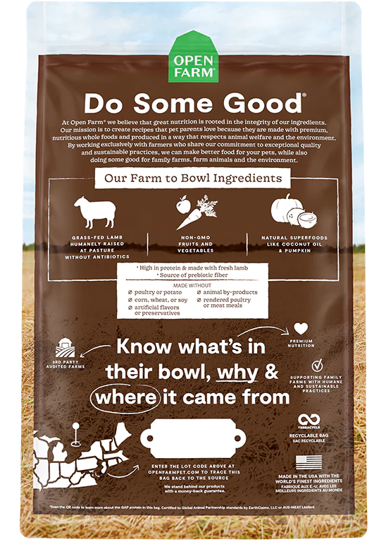 Open Farm nourriture sèche pour chiens Agneau sans grains     *** Livraison locale seulement ***