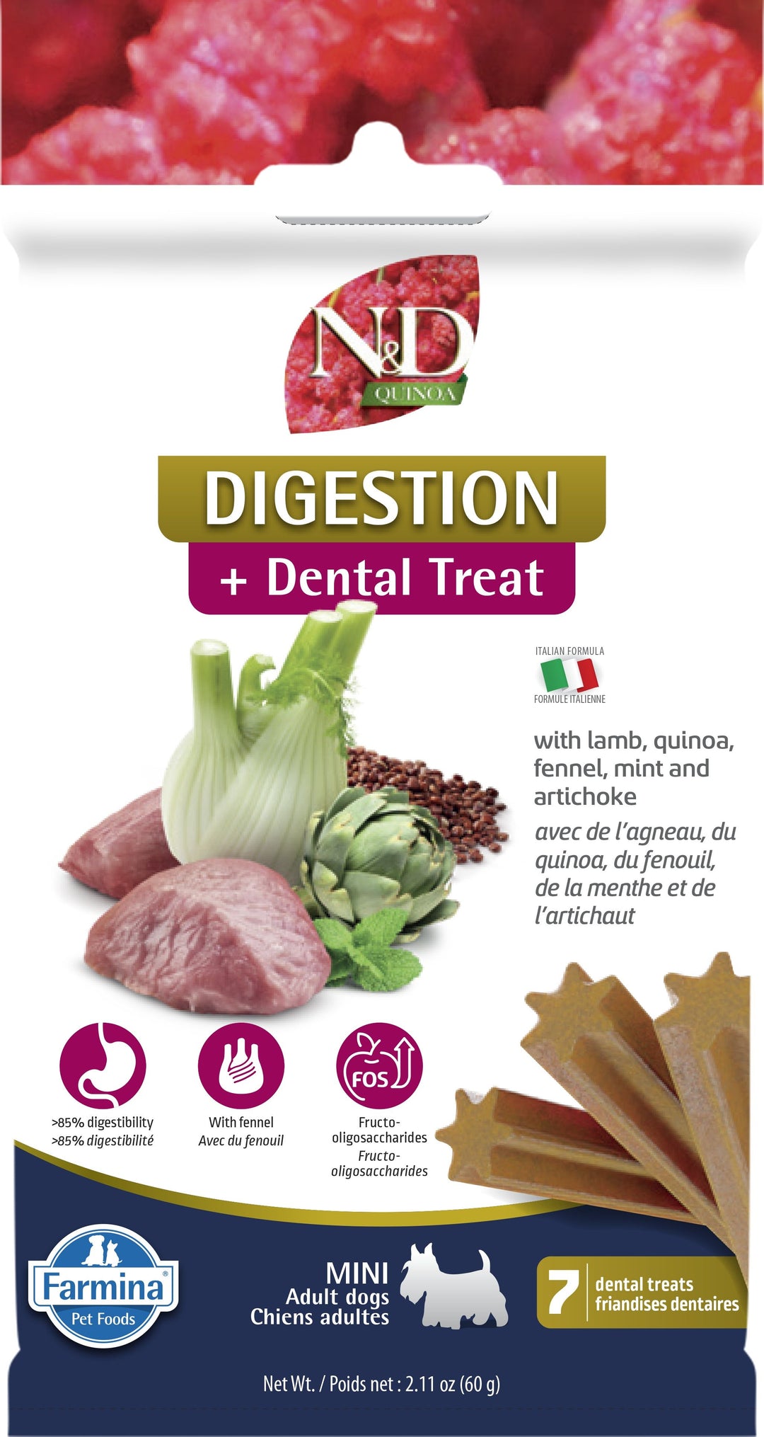 Farmina N&D gâteries dentaires Digestion agneau et quinoa
