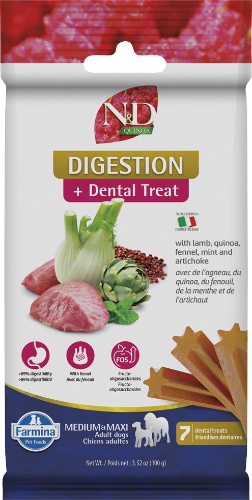 Farmina N&D gâteries dentaires Digestion agneau et quinoa