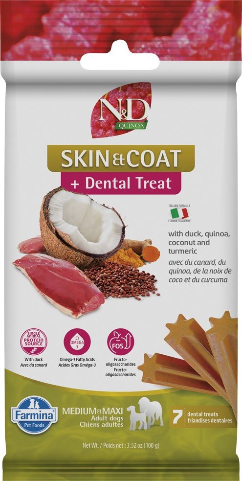 Farmina N&D gâteries dentaires Skin & Coat canard et quinoa