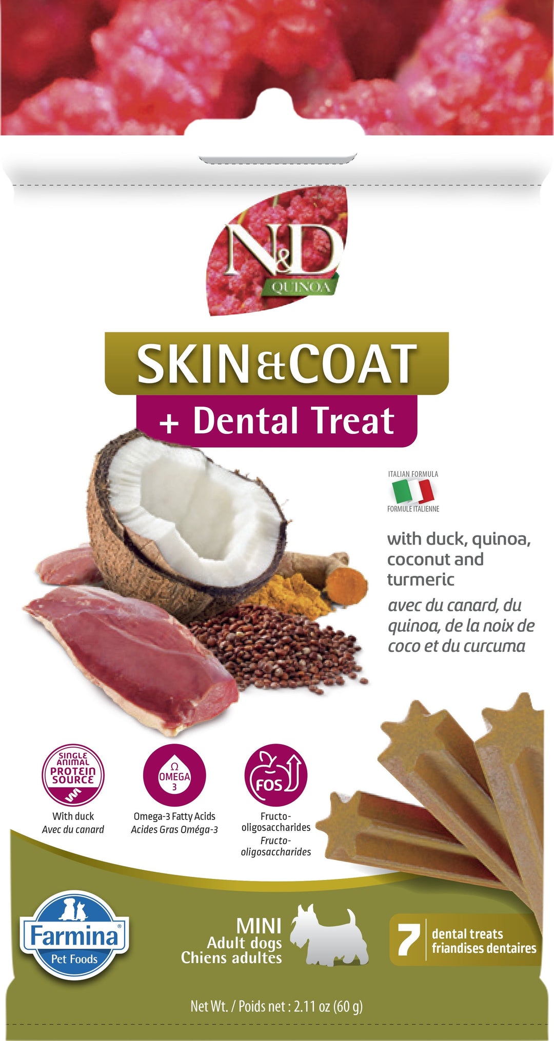 Farmina N&D gâteries dentaires Skin & Coat canard et quinoa