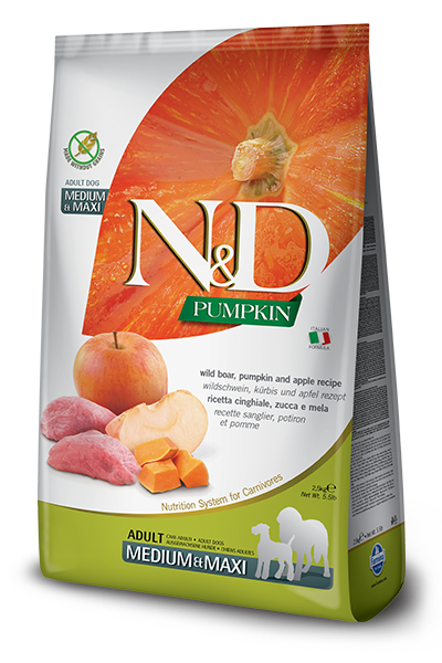 Farmina N&D Citrouille nourriture sèche pour chiens adultes medium/maxi Sanglier et Pomme sans grains 2.5 kg       *** Livraison locale seulement ***